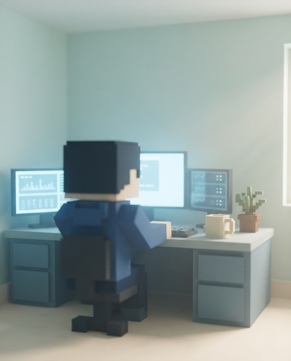 Developer at a voxel workstation, seen from behind